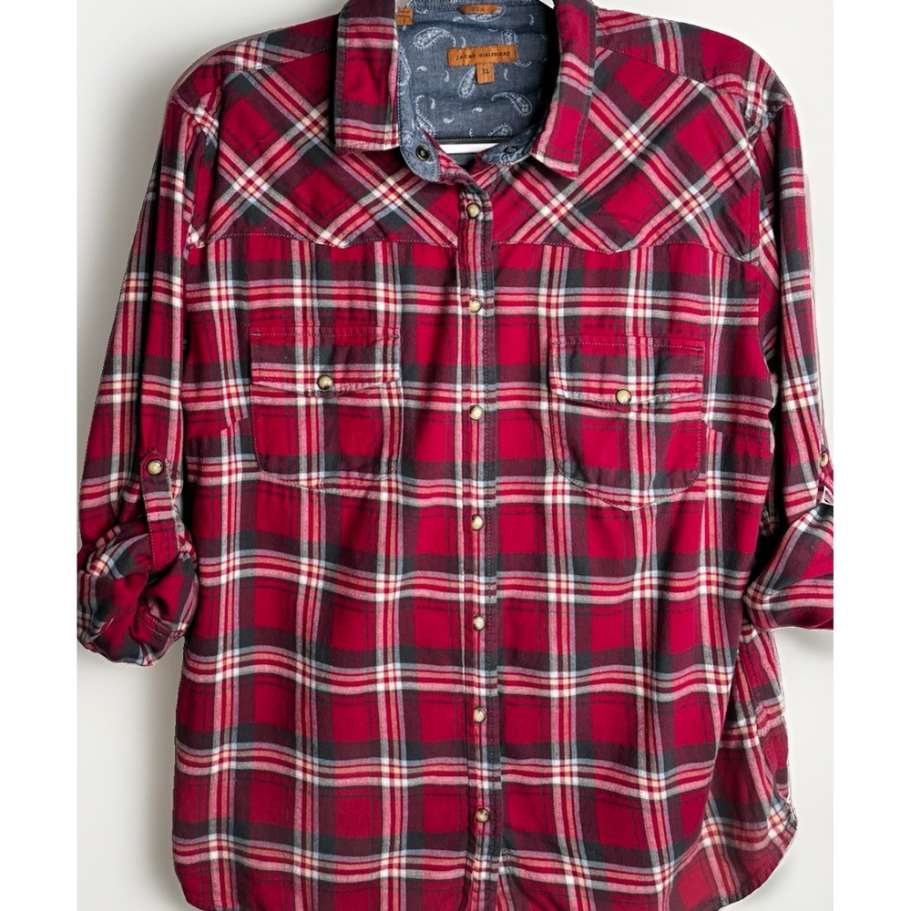 Zach's Girlfriend Red Flannel XL Pearl Snap Button Down Plaid Long Sleeve
